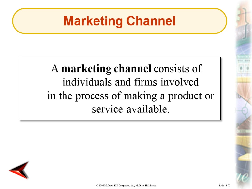 Slide 13-71 A marketing channel consists of individuals and firms involved in the process